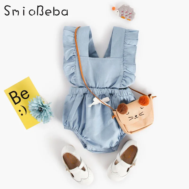 

Blue Romper for Newborn Baby Girls Kids Summer Fashionals Rompers Kids Girl Clothing Off Shoulder Jumpsuit Children Clothes 0-3Y