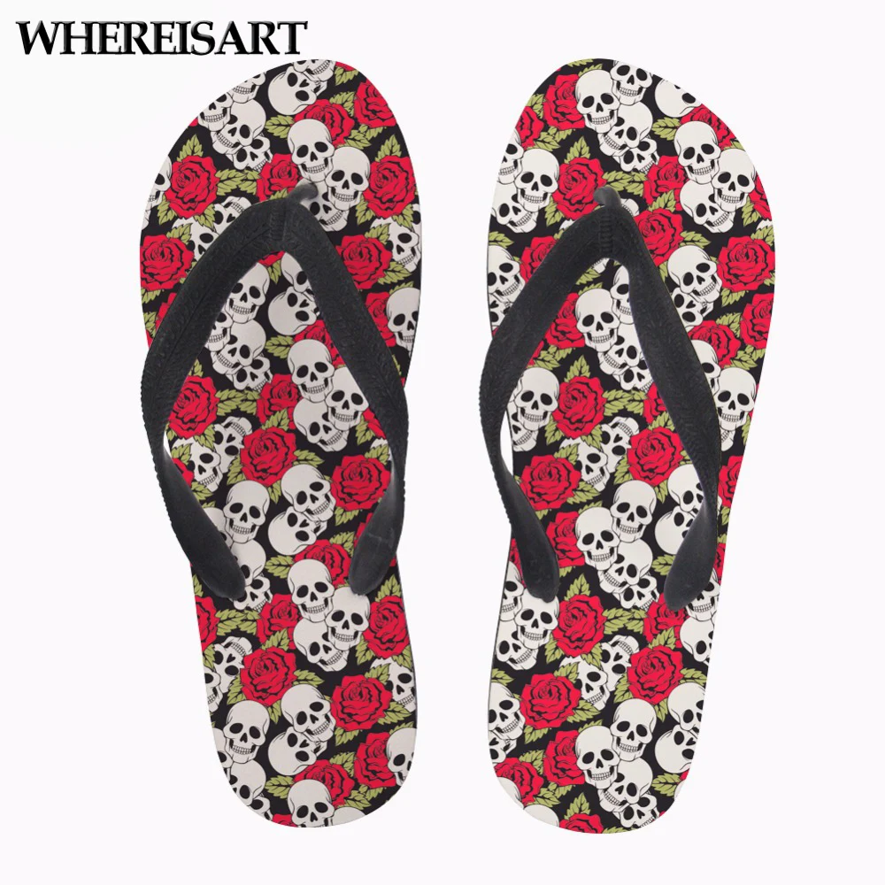 

WHEREISART Skull Pattern Summer Women Flip Flops Casual Slip-on House Slippers Woman Beach Flip Flops for Girls Female Zapatos