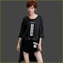 Europena Лето г. Новые Женская одежда с круглым вырезом Половина рукава письмо Топы корректирующие женские длинные Стиль хвост Джинсы для женщин модная футболка Разделение Футболки для девочек