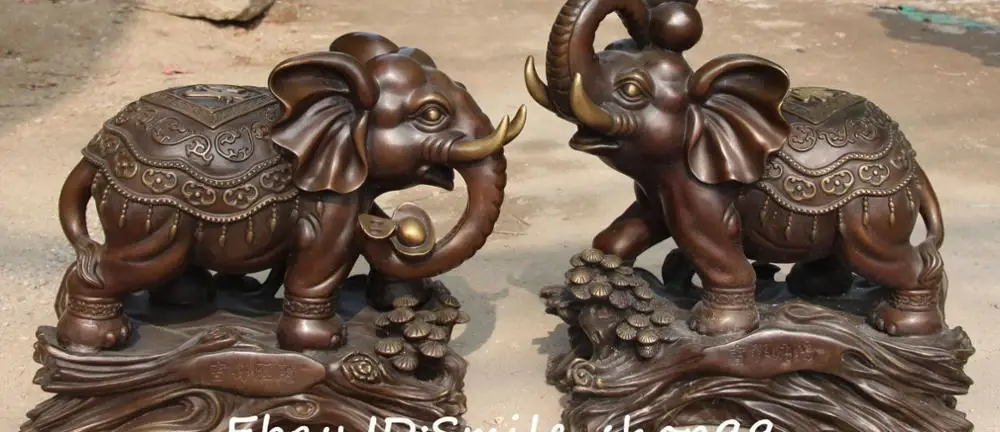 

17"Chinese Pure Bronze Gilt Auspicious Fu Animal elephant On Stand Pair Statue