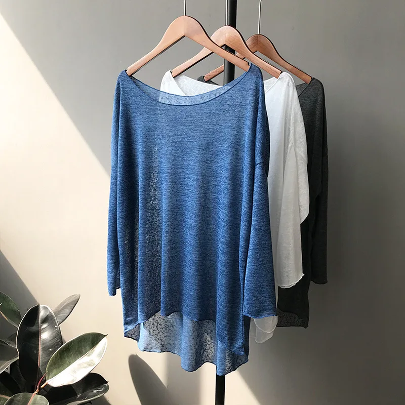 

2019 Sexy Blue Thin Knitted Bat Sleeved T Shirts Women Three Quarte Sleeve Solid Maxi Loose Casual Pullover Tees Tops White