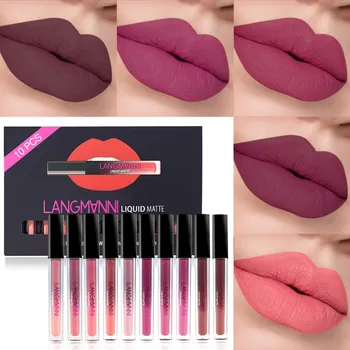 

10PCS/1SET Long Lasting Waterproof Lip Gloss Moisturizing Matte Liquid Lipstick Set Non-stick Cup Cosmetics Makeup Kissproof