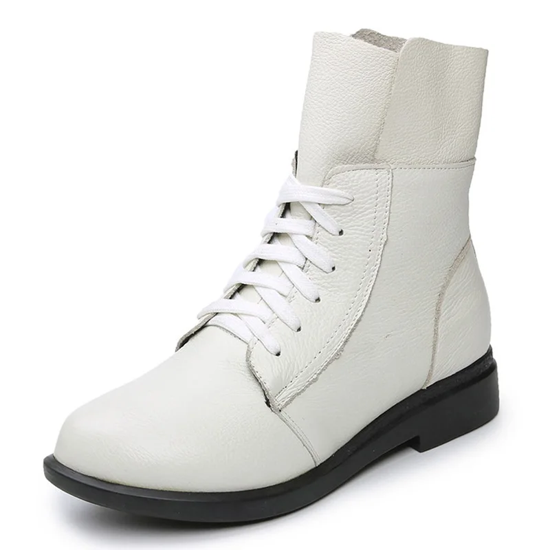 DRKANOL Fashion Cow Genuine Leather Women Ankle Boots Square Heel Short Boots Ladies Lace Up Motorcycle Boots Black Red Booties