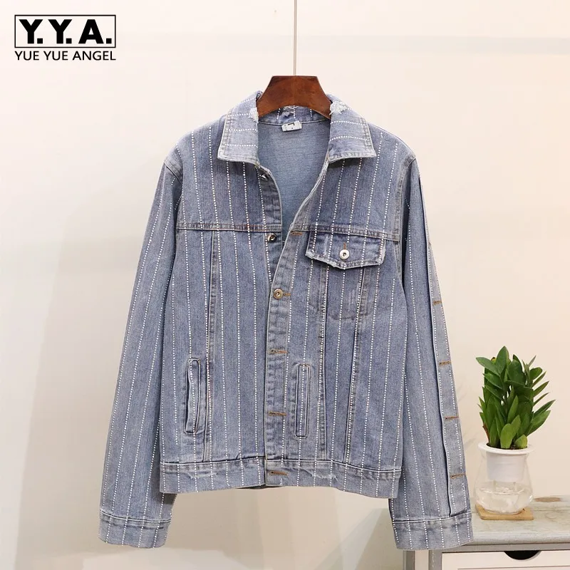 

European Style Autumn Rhinestone Striped Loose Fit Denim Coat Female Street Hip Hop Diamond Frayed Jean Jacket Women Outwear