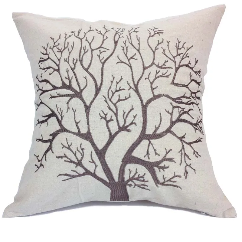 Decorative Linen Cushion Cover,Square Embroidered Cushion Covers,Tree Cushion,Chinese Throw
