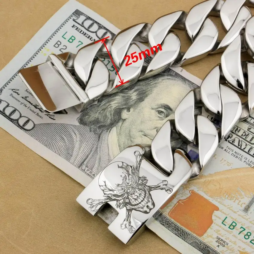 Goede LINSION 6 Lengtes Diepe Gegraveerd Enorme Zware 316L Rvs Pirate Skull Mens Biker Rock Punk Curb Link Armband 5D101