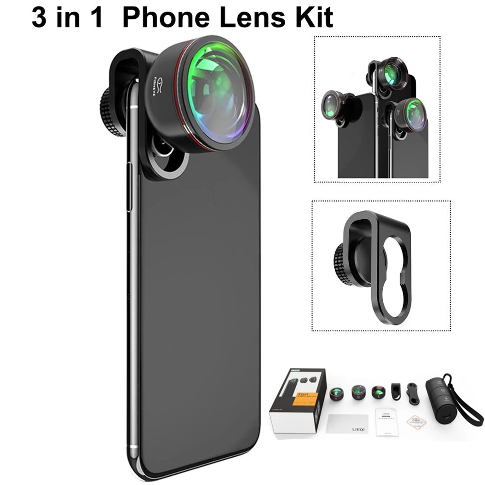 

LQ-193 HD 3 In 1 Lens Kit Phone Camera Lens 0.6X Wide Angle,10x Macro,Eyefish Lens For Huawei iPhone with Universal Phone Clamp