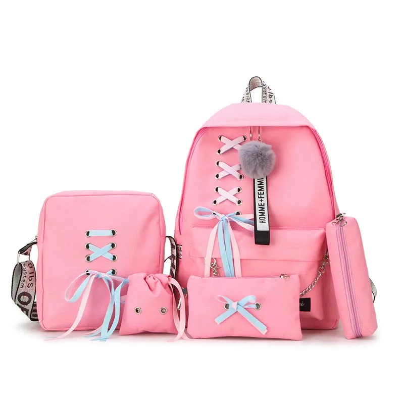 5 шт./компл. холст школьный рюкзак Mochila Feminina рюкзак Для женщин, женский рюкзак, школьные сумки для девочек подростков рюкзак школьная сумка - Цвет: Розовый