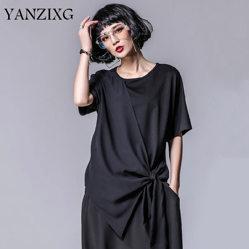 

2019 New Spring Summer Round Neck Short Sleeve Black Loose Hem Bandage Irregular Loose T-shirt Women Fashion Tide Q974