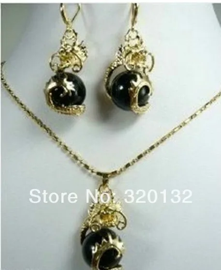 FREE SHIPPING&gt&gt@&gt color ! Charming Black Jade Dragon Pendant Necklace Earring set 18K white gold plated Jewellery free shipping |