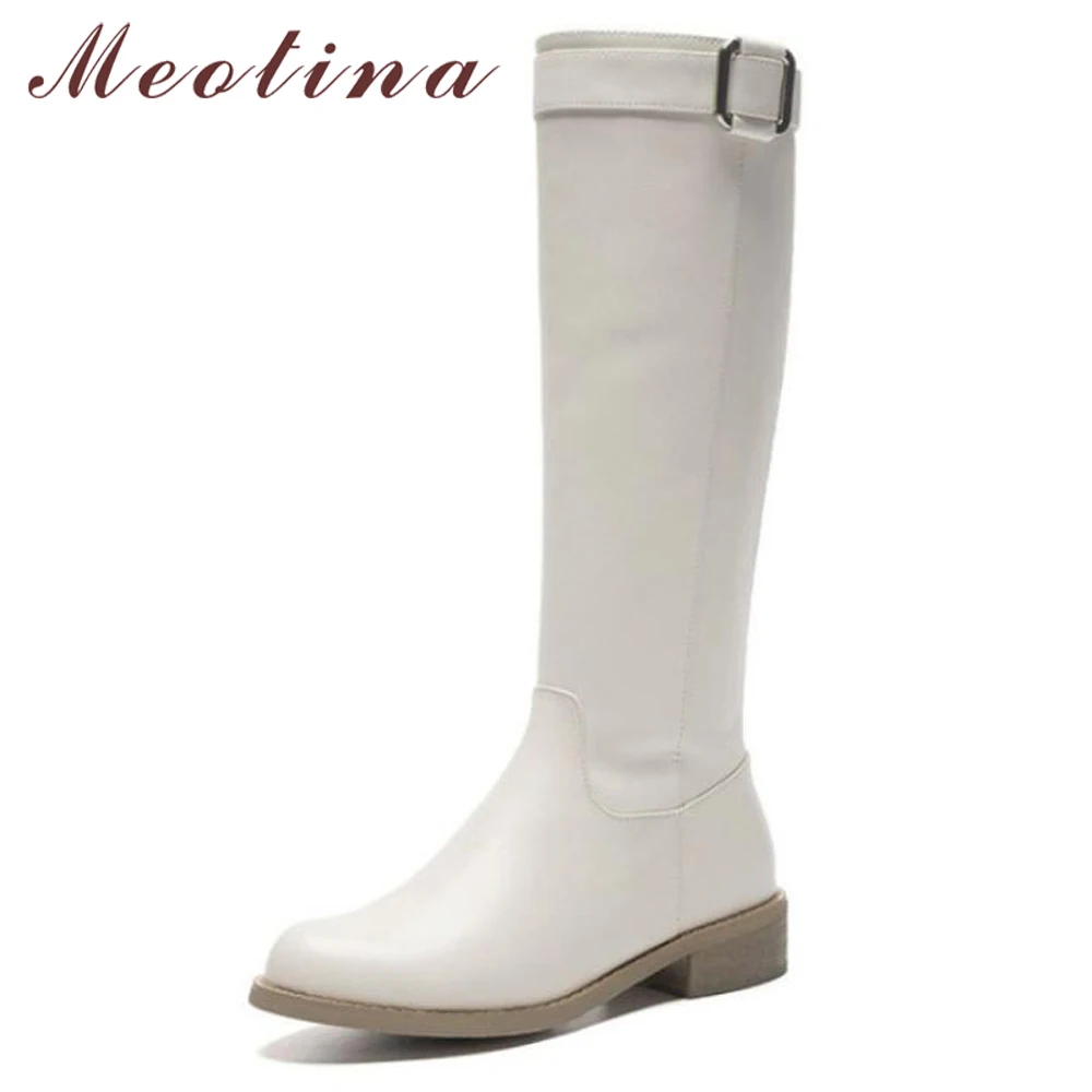 

Meotian Knee High Boots Real Leather Women Winter Motorcycle Boots Square Heel Riding Boots Buckle Zipper Ladies Shoes White 39