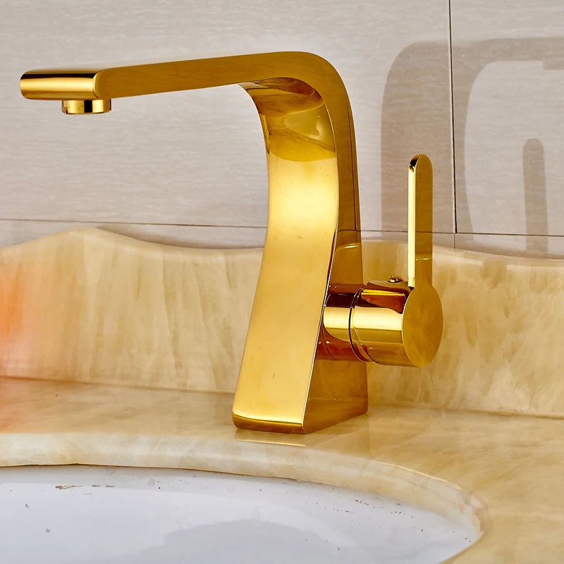 

Golden Color Deck Mounted Bathroom Sink Tap Single Handle Basin Mixer Tap Spout Tap Crane