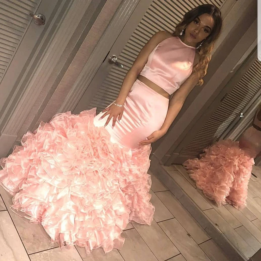 Pink Two Piece Prom Dresses 2019 Satin Flowers Mermaid Ruffles Formal Evening Party Gown Plus Size Special Occasion Dress DP0283 | Свадьбы и