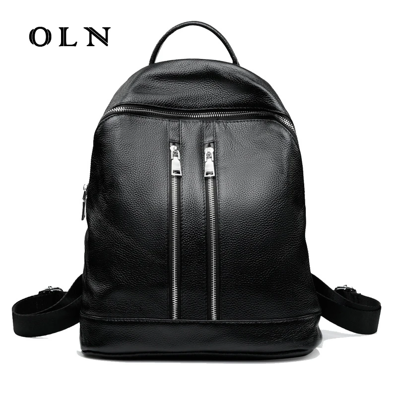 

OLN 2018 Cowhide Women Backpack Double Zipper Genuine Leather Bagpack High Quality Girl School Backpack Large Travel Bag Black