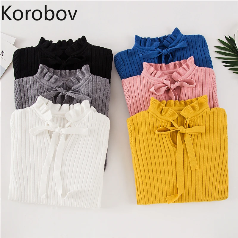 

Korobov 2019 Autumn Winter Women Sweaters Turtleneck Split Lace-Up Bow Sueter Mujer Solid Flare Long Sleeve Knitted Top 78574