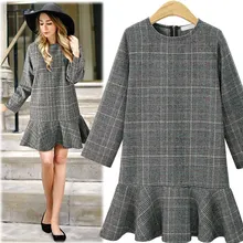 Spring and Autumn Large Yards Round Neck Tartan Dress Medium Style Fashion All Matched Knee-Length Mermaid Dress Women’s Dress