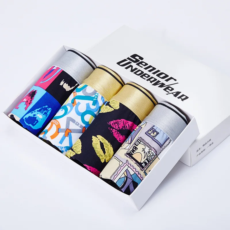 

4Pcs/lot Silk Underwear Men Cartoon Print Man Boxers Homme Comfortable Underpants Soft Breathable Male Panties