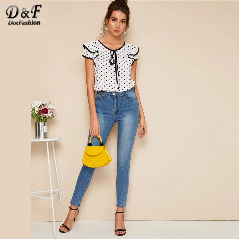 Dotfashion White Polka Dot Knot Piping Trim Blouse Women 2019 Summer Preppy Cap Sleeve Clothing Ladies Young Korean Fashion Tops