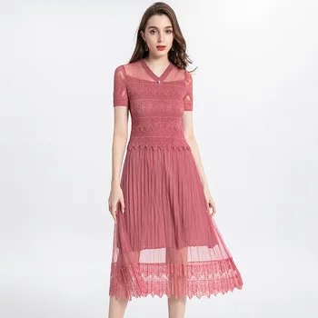 

Lady Elegant Lace Nail Bead Summer Caragana Pleated Mesh Dress