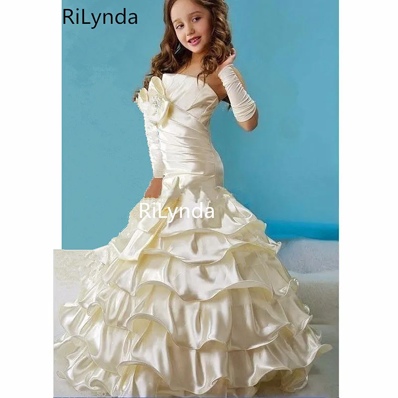 

Hot Strapless Ball Gown Flowers Girl Dress For wedding party Bow Ruffle Formal Dresses Girl's Pageant Gowns Floor-length