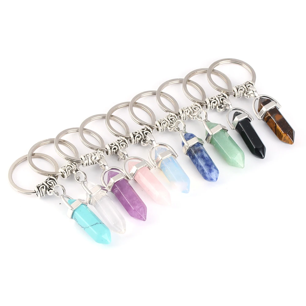 

1 PC Fashion Natural Stone Pendant Keychain Natural Quartz Stone Key Rings Pink Crystal Key Chains Accessories dropshipping