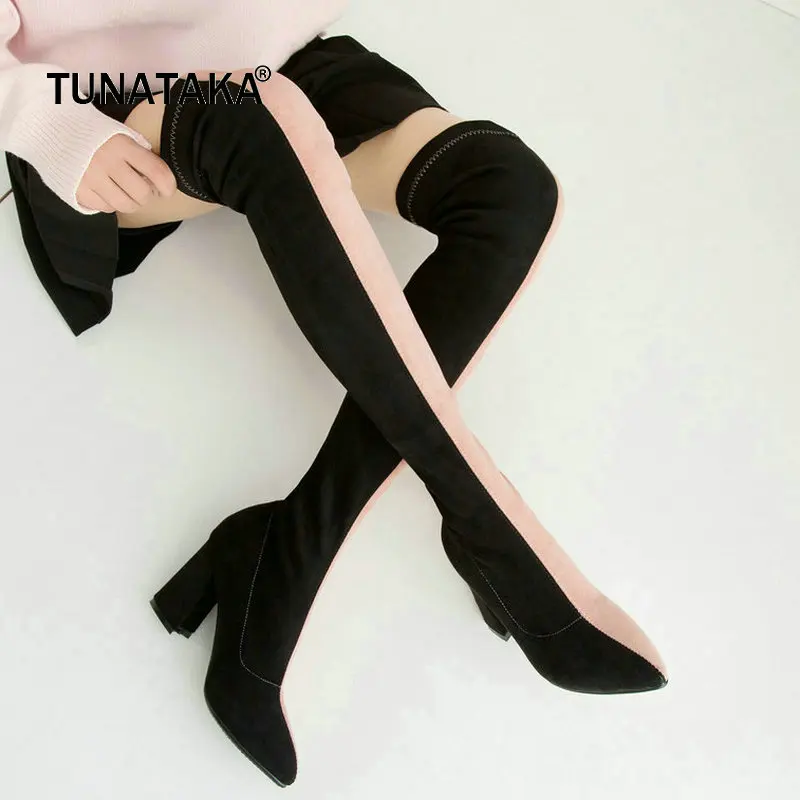 

Suede Hoof High Heel Mixed Color Woman Over The Knee Boots Fashion Slip On Party Thigh Boots Color
