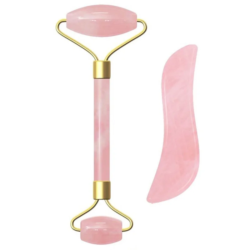 Розовый кварц нефритовый ролик антицеллюлитный морщин Gua Sha доска набор натуральный камень для похудения роликовый лицевой массажер инструмент лифтинга лица - Цвет: Type G