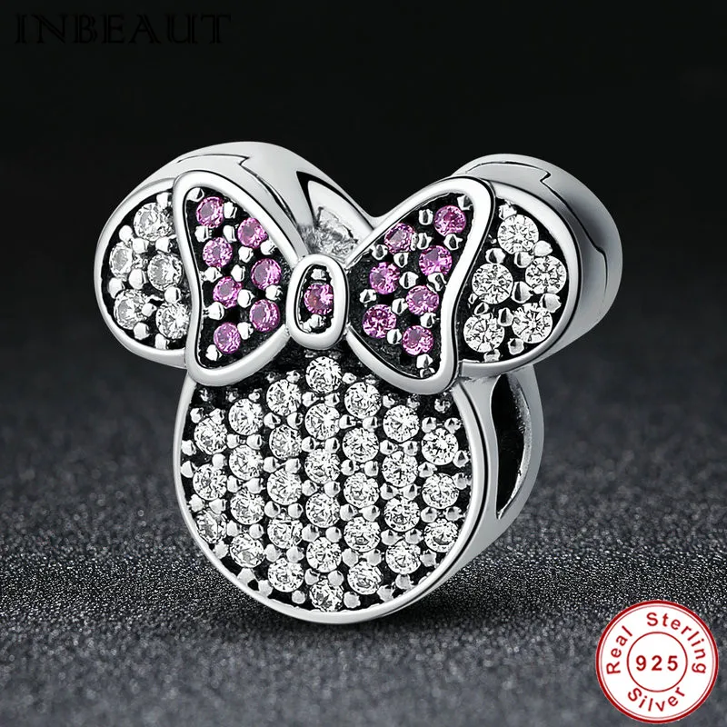 

INBEAUT Authentic Solid Silver Miss Mica Pink Cubic Zirconia Bow Shape Charm for Bracelet Chain Beads fit s925 Bracelets