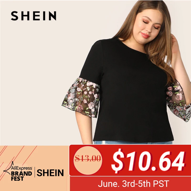 

SHEIN Plus Size Black Floral Embroidered Mesh Sleeve Top Blouse Women Summer Causal Flounce Sleeve Solid Round Neck Plus Tops