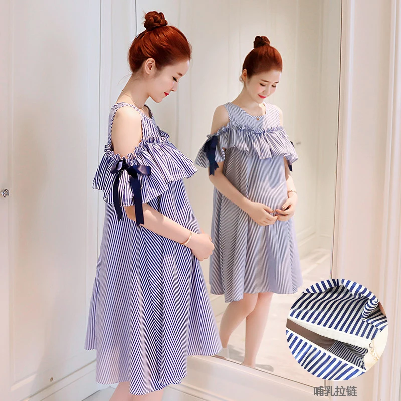 

Pregnant Women Summer Ruffles Short Sleeve Dress Striped Dresses Breastfeeding And Nursing Women Dresses Women's Tops Vestidos