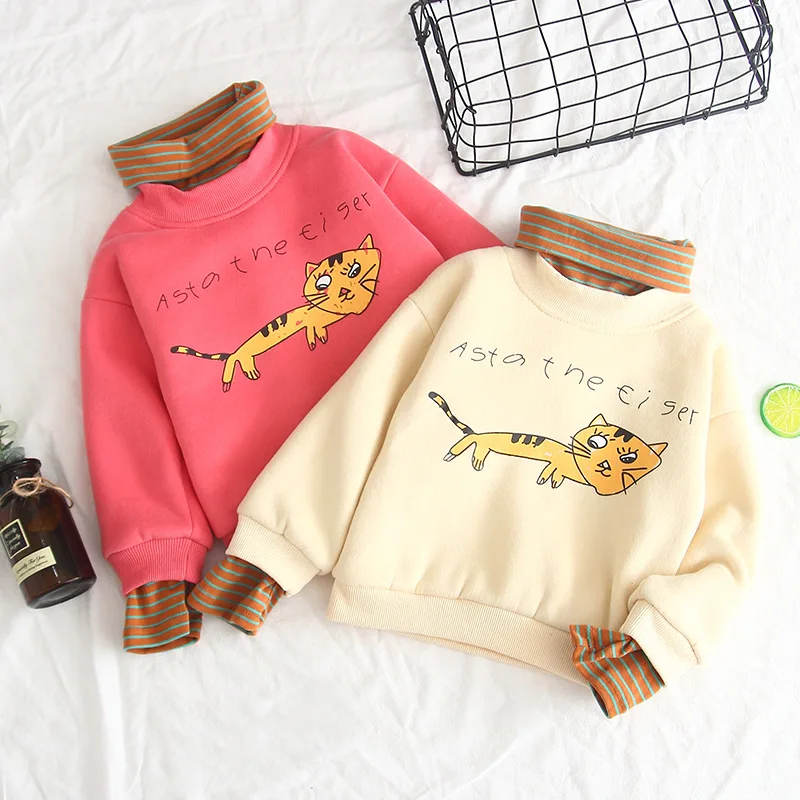 

Girls tops Toddler girl winter clothes Thicken long sleeve t-shirt Velvet lining warm tshirts Stripe Turtleneck T-shirt 1-7y