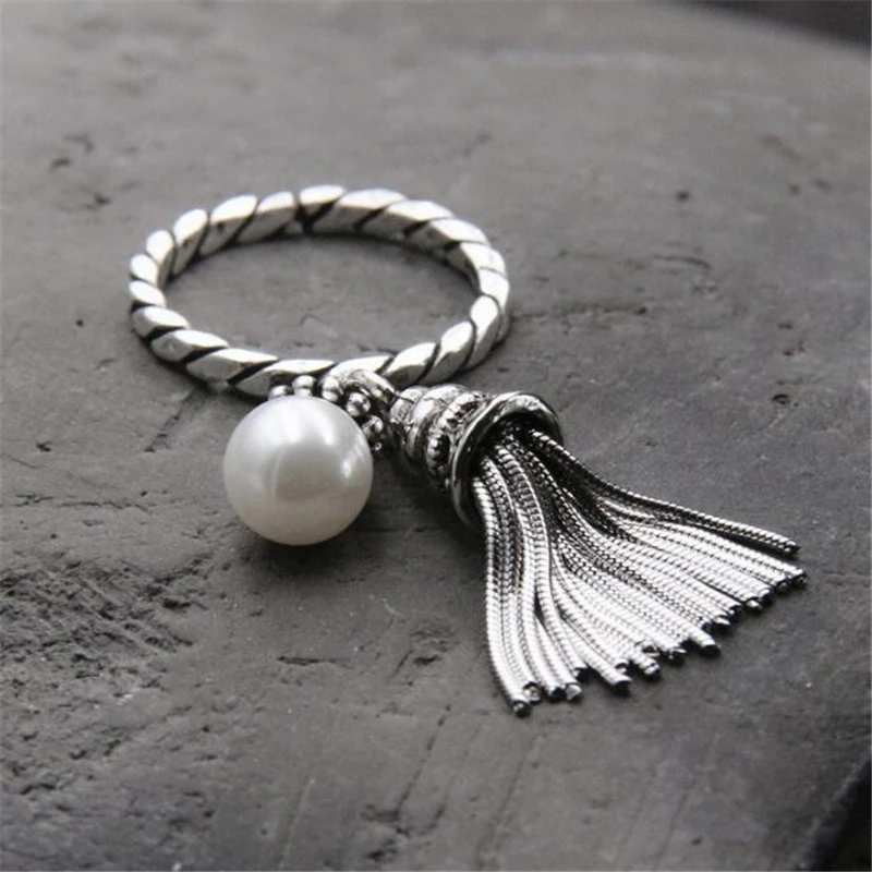

100% 925 Sterling Silver White Natural Shell Pearl Tassel Finger Ring Vintage Jewelry Fringed Women Luxury Festival Gift