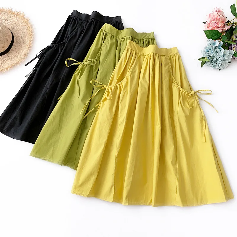 

Wasteheart Autumn White Cotton Yellow Women Skirt Casual High Waist A-Line Mid-Calf Long Skirts Clothing Holiday Beach Packet