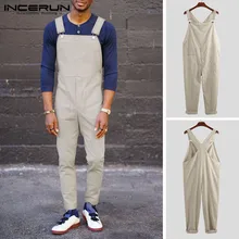 INCERUN мужской Одноцветный комбинезон с широкими штанинами, подтяжки с карманами, штаны, модные повседневные Свободные Комбинезоны, мужские комбинезоны, уличная одежда 5XL