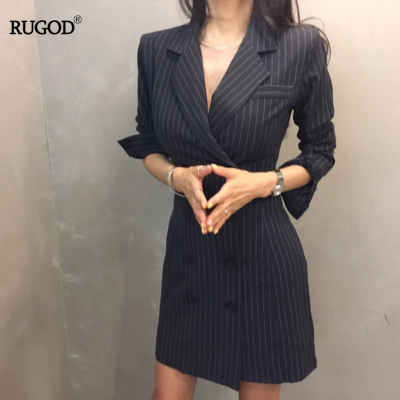Cena RUGOD 2018 New Office Lady z długim rękawem zawód kobiety sukienka imperium proste paski podwójny przycisk skręcić w dół kołnierz Mini sukienka