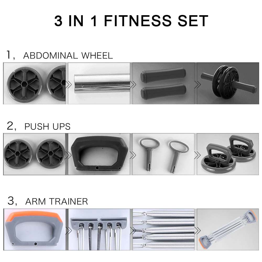 DMAR 3 in 1 Abdominal Wheel Roller Arm Trainer Push Ups Fitness Equipment Gym Home Exercies Ab Roller Belly Core Trainer
