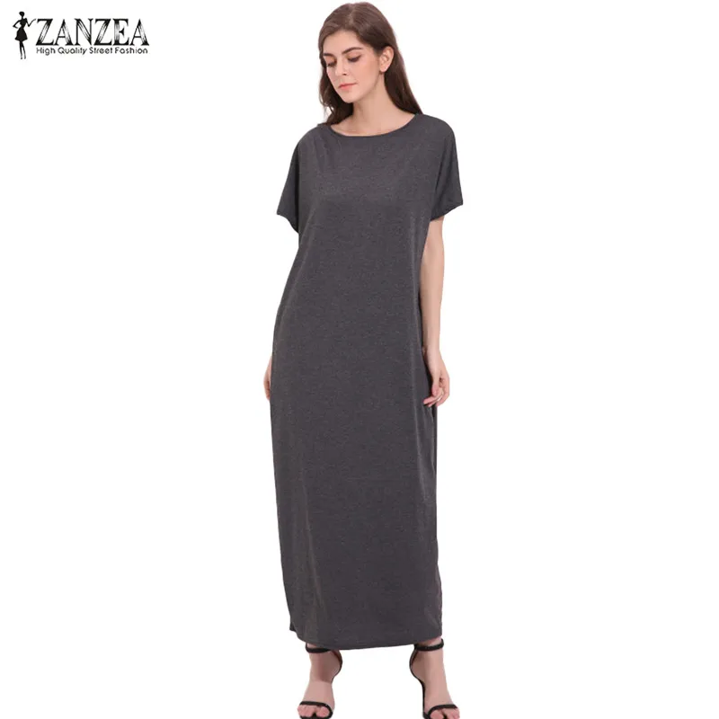 

2019 Womens Summer Round Neck Short Sleeves Loose Casual Party Solid Maxi Long Dress Kaftan Vestido S-XL