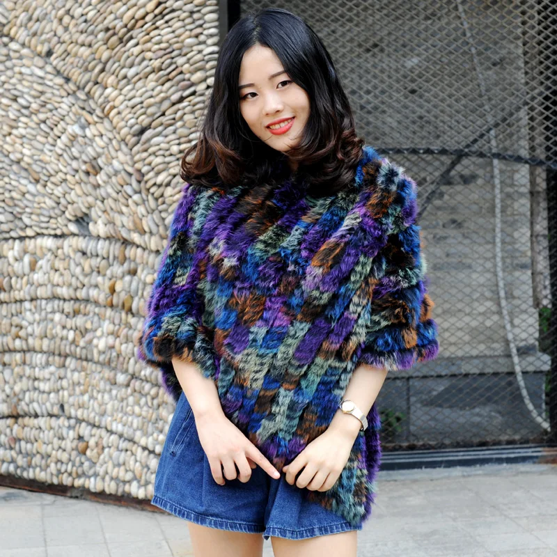 

CX-B-47A Winter Ladies' Genuine 100% Real Knitted Rabbit Fur Poncho Women Fur Pashmina Wrap Female Party Pullover
