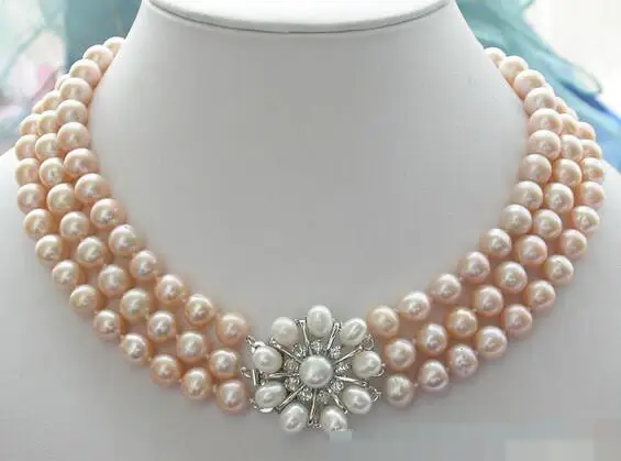 

3785 3ROW PINK ROUND FRESHWATER PEARL NECKLACE FLOWER