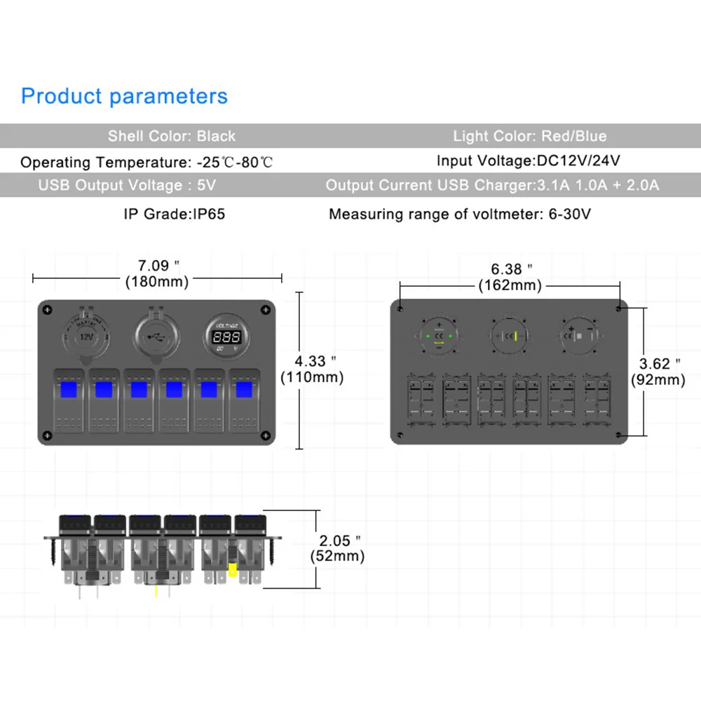 6 банд морской лодки кулисный переключатель панель с предохранителем 3.1A двойной разъем USB+ цифровой дисплей напряжения+ прикуриватель