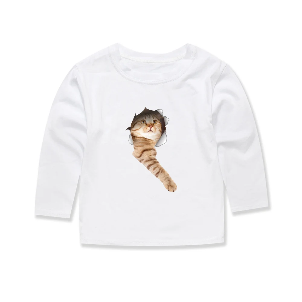Детские футболки с длинным рукавом из 100 хлопка с 3D принтом кота, детские модные белые футболки, футболки для мальчиков, топы для девочек 1-14 лет, футболки для мальчиков - Цвет: 4L-TB11