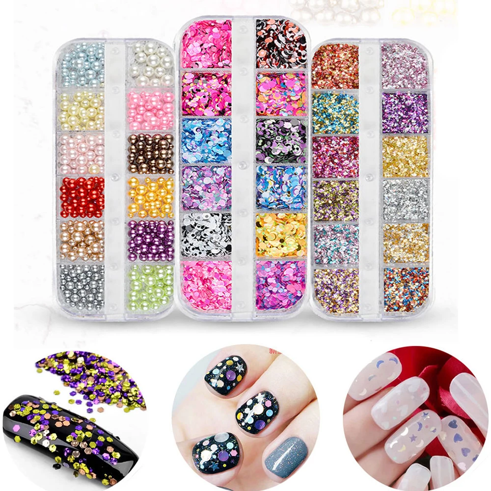 

12 grids/sets Nail Glitter Sequin Mixed Size Shiny Pearl Nail Art Decorations Mermaid Flakes Holographic Round Paillette MZ017