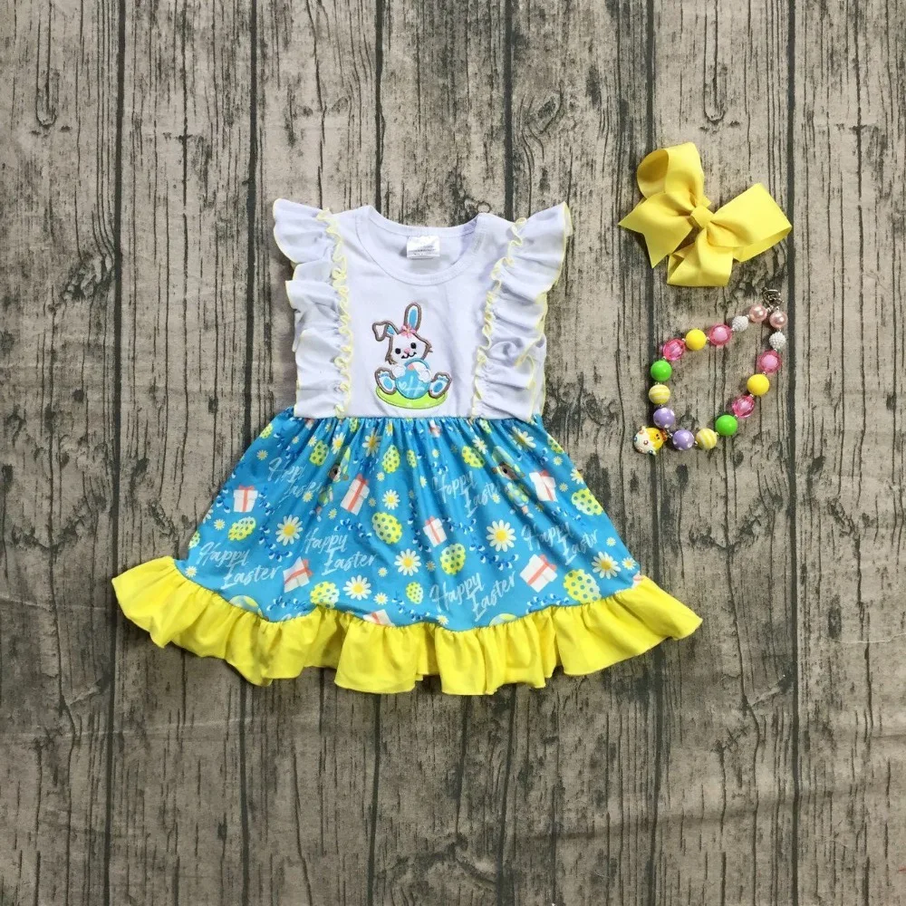 

Easter baby girls children clothes boutique milk silk dress cotton blue yellow bunny sleeveless knee length match accessories