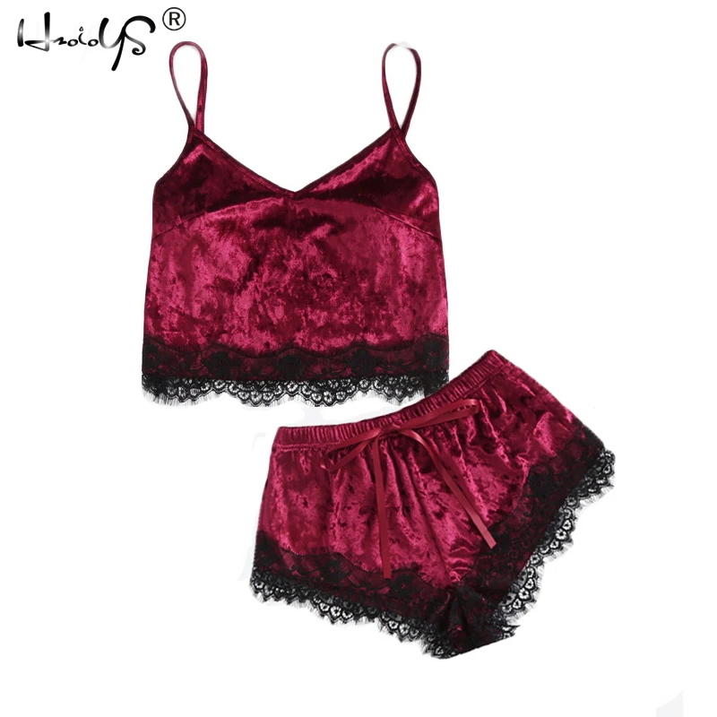 

2019 Casual Sleeveless Vintage Pajamas Sets Sleepwear Lace Top +Shorts Two Piece Set Women Burgundy Velvet Eyelash Lace Cami Top