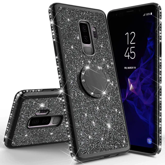 Сияющий блеск Магнитный 360 палец кольцо чехол для Galaxy S10 S10e S8 S9 плюс A5 A7 A6 A8 Note 8 9 блестящая Бриллиантовая задняя крышка - Цвет: Black