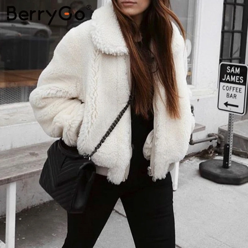 BerryGo Female faux fur white women coats warm thick short Zipper