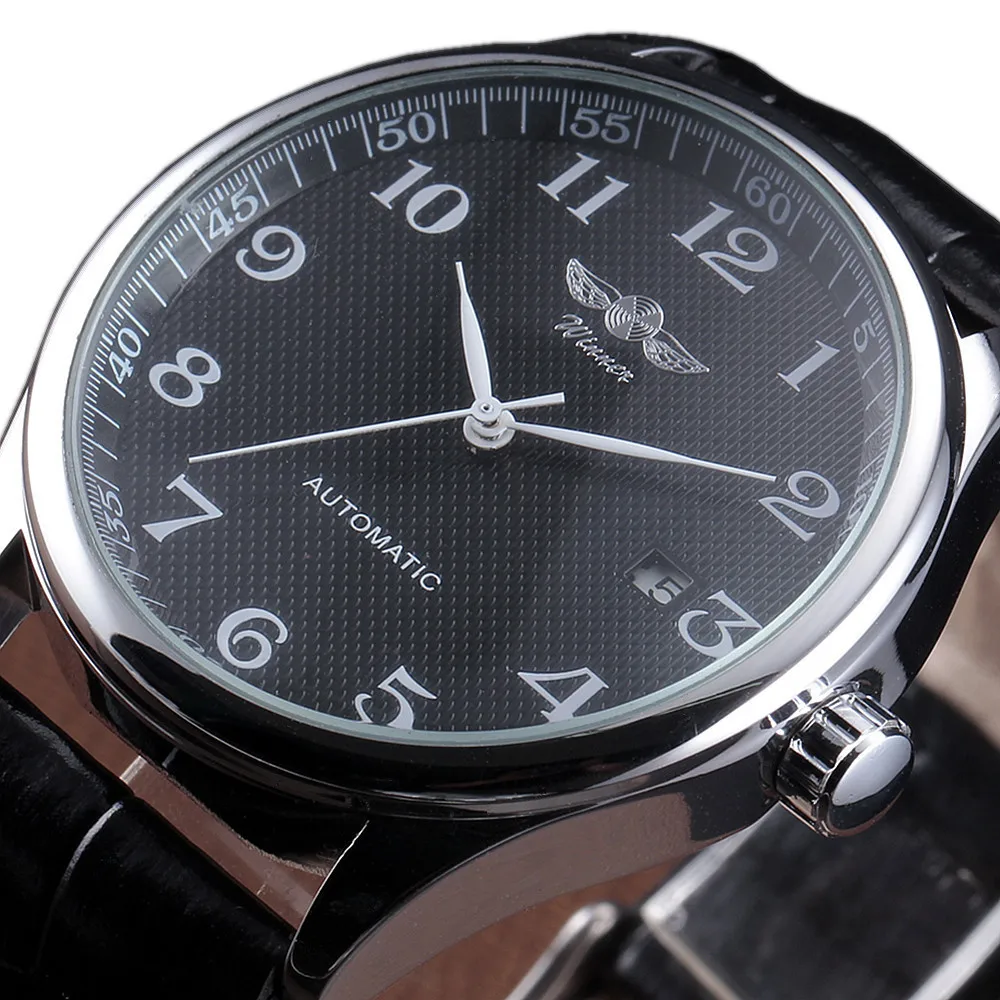 Winner Luxury Men Mechanical Watch Classic Date Automatic Mechanical Watch Self Winding Skeleton Black Leather Strap
