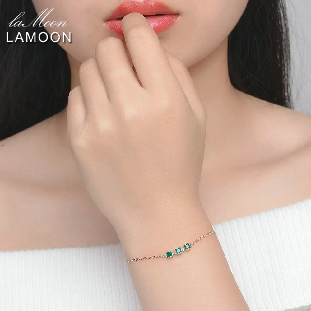 Lamoon 2mm 100% Natural Square Green Chalcedony 925 Sterling Silver Bracelet Chain Charm Jewelry S925 LMHI017