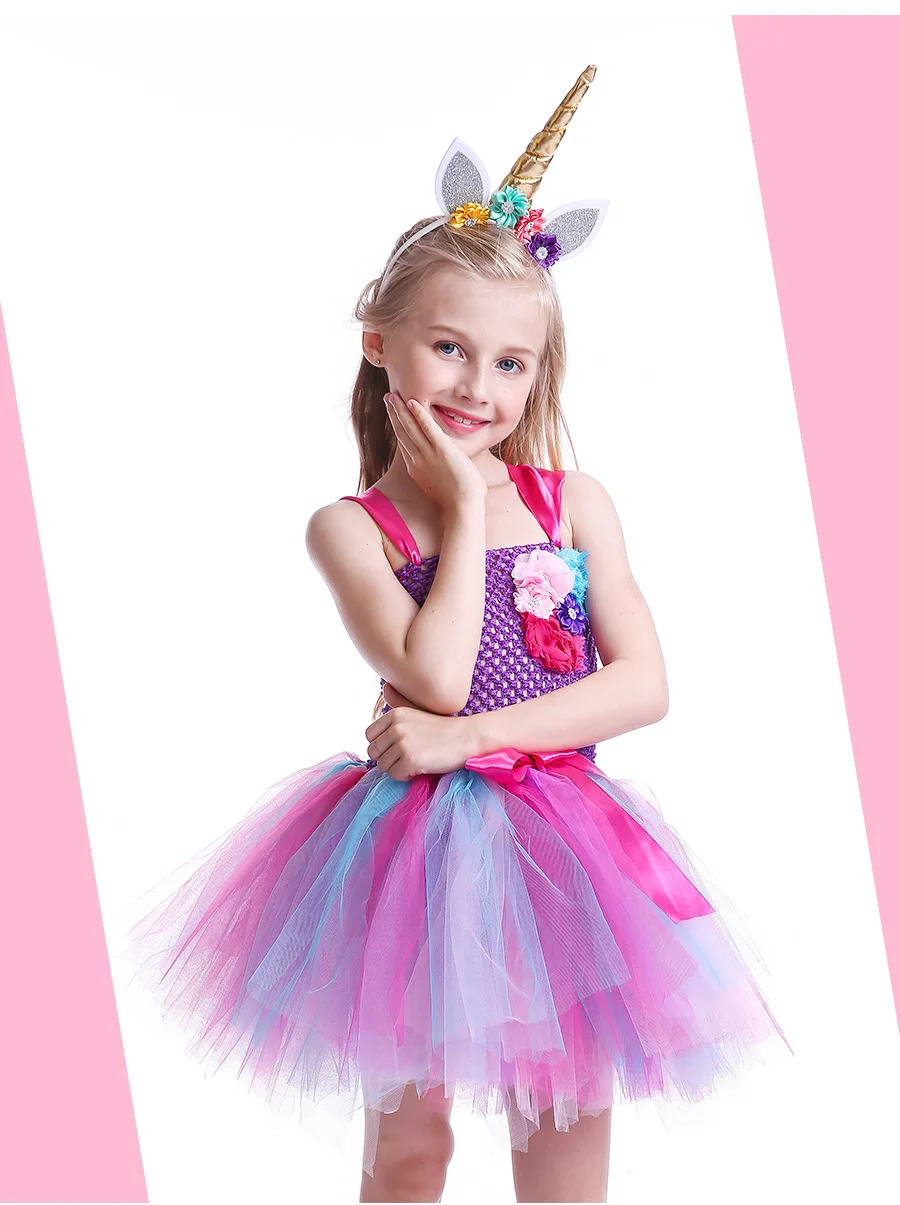 Elegant Rainbow Unicorn Girls Tutu Dresses Kids Flowers Birthday Party Dress with Headband Children Princess Tulle Prom Clothing  (4)