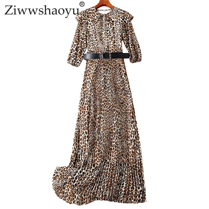 

Ziwwshaoyu Elegant Ruffles Party dresses O-Neck Leopard Print Sashes temperament Draped Maxi dress Spring and summer new women